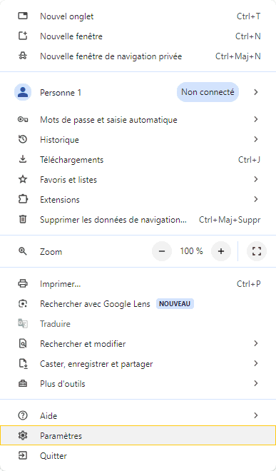 Menu paramètres Google Chrome