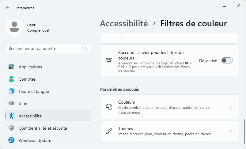 désactiver filtrage des couleurs windows 11