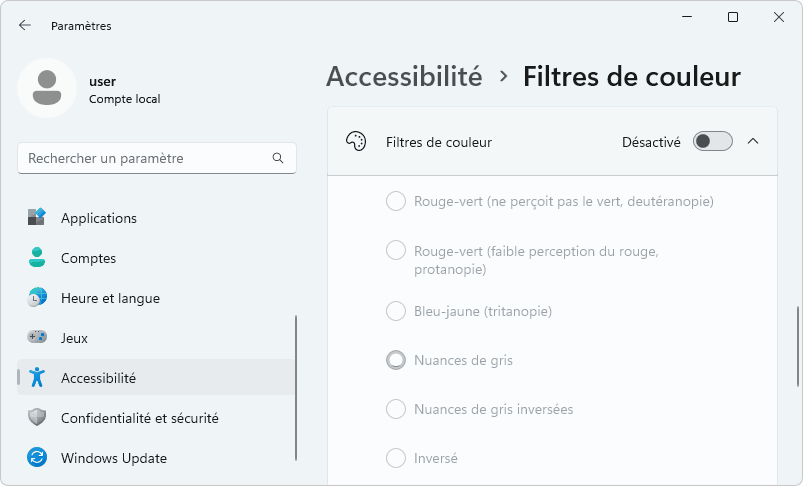 désactiver filtrage des couleurs windows 11